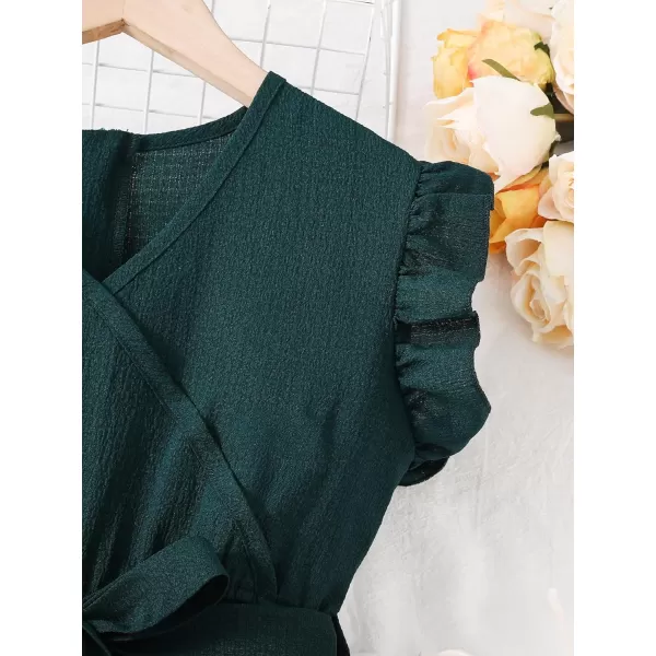 WDIRARA Girl's Ruffle Trim Wrap V Neck Cap Sleeve Cute Jumpsuit Belted Wide Leg Pants