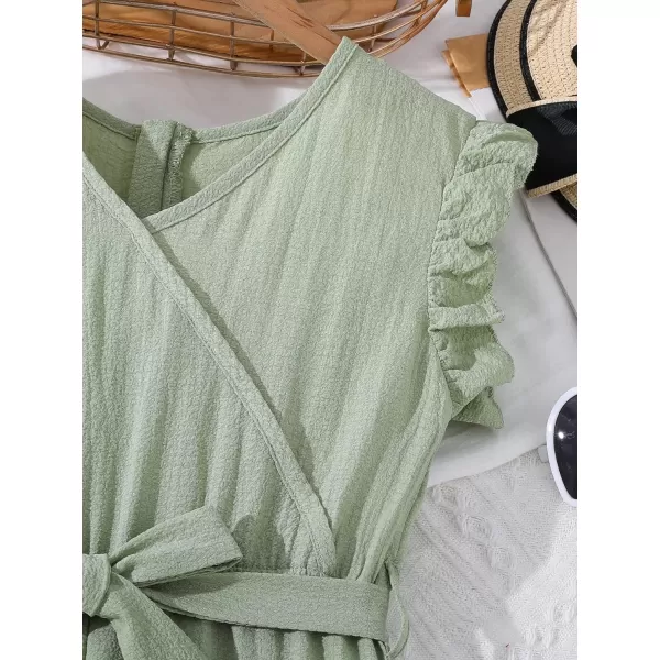 WDIRARA Girl's Ruffle Trim Wrap V Neck Cap Sleeve Cute Jumpsuit Belted Wide Leg Pants