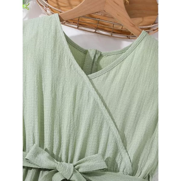 WDIRARA Girl's Ruffle Trim Wrap V Neck Cap Sleeve Cute Jumpsuit Belted Wide Leg Pants