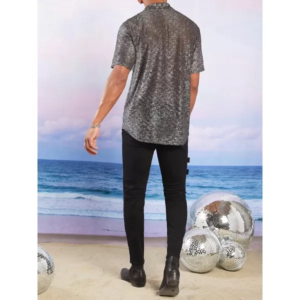 WDIRARA Men's Contrast Glitter Button Front Shirt Stand Collar Shirt Short Sleeve Tops