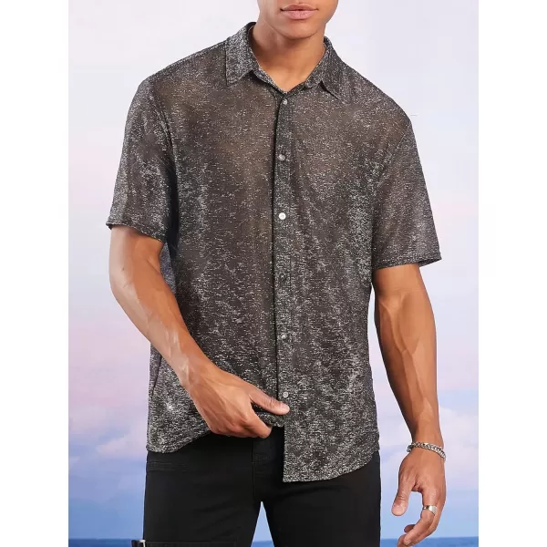 WDIRARA Men's Contrast Glitter Button Front Shirt Stand Collar Shirt Short Sleeve Tops