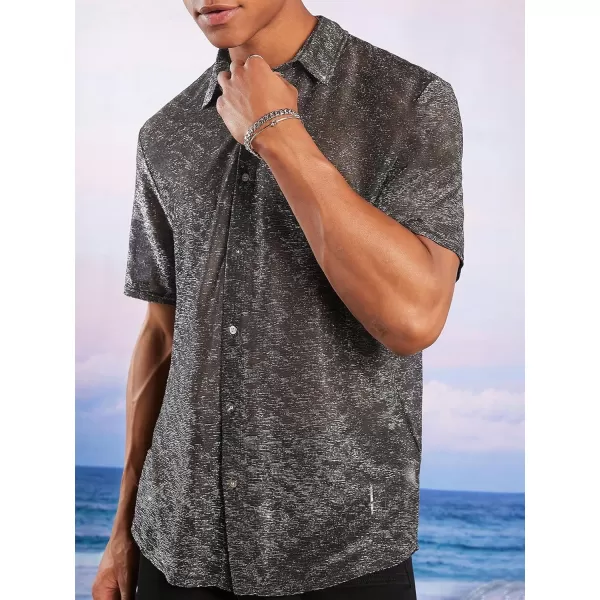 WDIRARA Men's Contrast Glitter Button Front Shirt Stand Collar Shirt Short Sleeve Tops