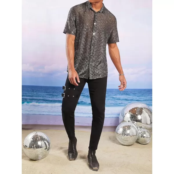 WDIRARA Men's Contrast Glitter Button Front Shirt Stand Collar Shirt Short Sleeve Tops