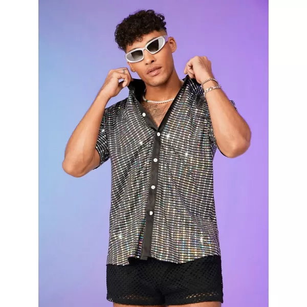 WDIRARA Men's Crocodile Print Button Down Top Streetwear Collar Neck Short Sleeve Shirt