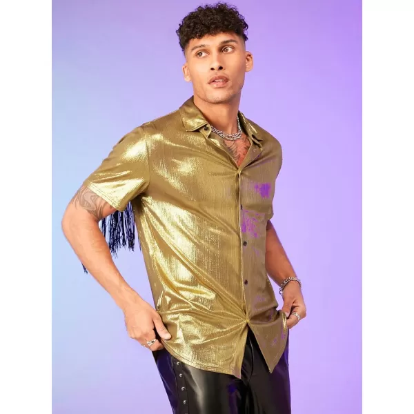 WDIRARA Men's Crocodile Print Button Down Top Streetwear Collar Neck Short Sleeve Shirt