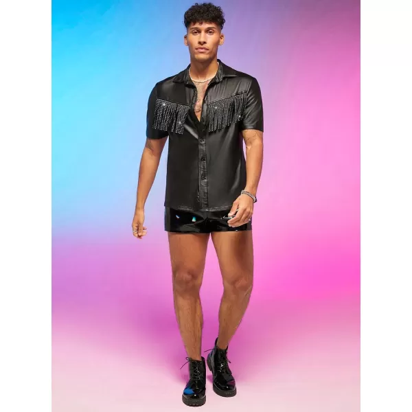 WDIRARA Men's Crocodile Print Button Down Top Streetwear Collar Neck Short Sleeve Shirt