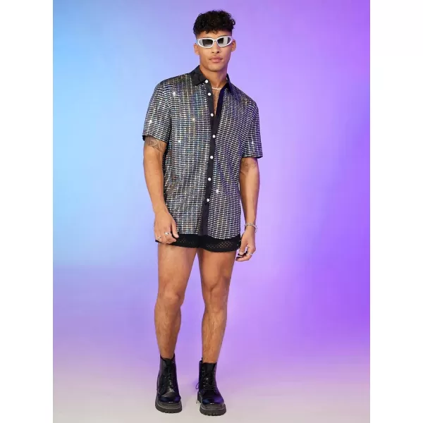 WDIRARA Men's Crocodile Print Button Down Top Streetwear Collar Neck Short Sleeve Shirt