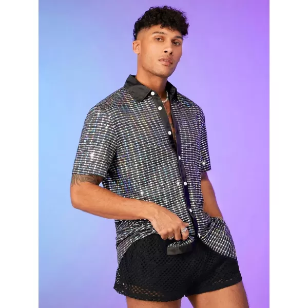 WDIRARA Men's Crocodile Print Button Down Top Streetwear Collar Neck Short Sleeve Shirt