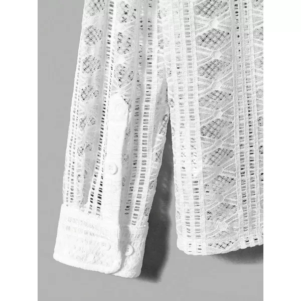 WDIRARA Men's Fishnet Sheer Long Sleeve Notched Neck Hollow Out See Through Shirt