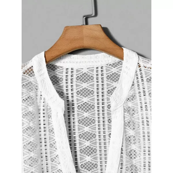 WDIRARA Men's Fishnet Sheer Long Sleeve Notched Neck Hollow Out See Through Shirt