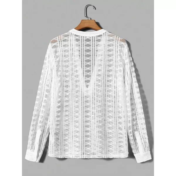 WDIRARA Men's Fishnet Sheer Long Sleeve Notched Neck Hollow Out See Through Shirt
