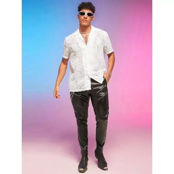 WDIRARA Men's Floral Button Front Short Sleeve Collar Shirt Party Tops