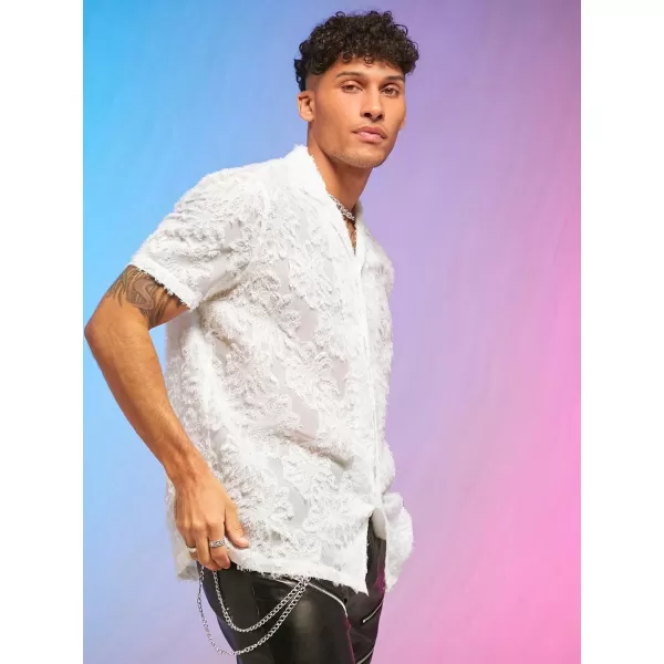 WDIRARA Men's Floral Button Front Short Sleeve Collar Shirt Party Tops