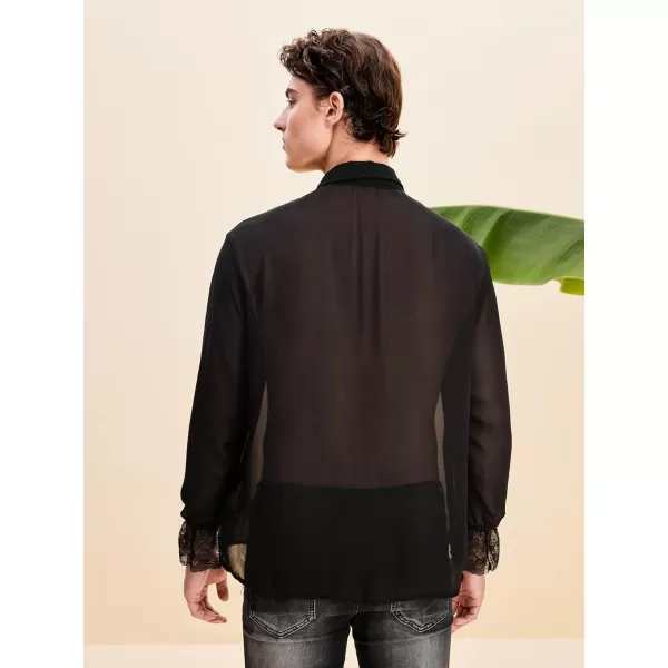 WDIRARA Men's Floral Lace Trim Mesh Long Sleeve Collared Sheer Top Button Down Shirt