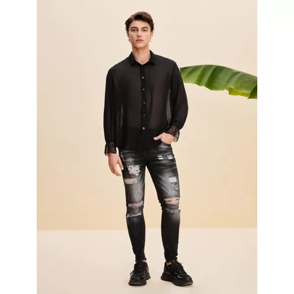 WDIRARA Men's Floral Lace Trim Mesh Long Sleeve Collared Sheer Top Button Down Shirt