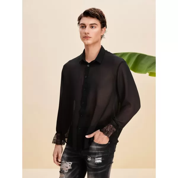 WDIRARA Men's Floral Lace Trim Mesh Long Sleeve Collared Sheer Top Button Down Shirt