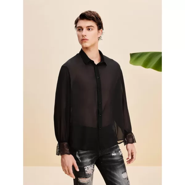 WDIRARA Men's Floral Lace Trim Mesh Long Sleeve Collared Sheer Top Button Down Shirt