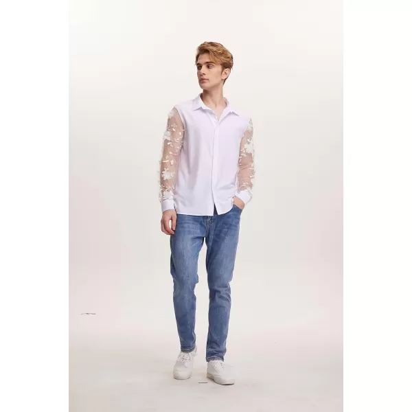 WDIRARA Men's Floral Mesh Appliques Sheer Long Sleeve Collared Button Up Shirt