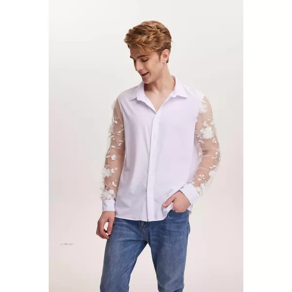 WDIRARA Men's Floral Mesh Appliques Sheer Long Sleeve Collared Button Up Shirt