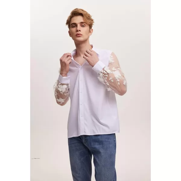 WDIRARA Men's Floral Mesh Appliques Sheer Long Sleeve Collared Button Up Shirt