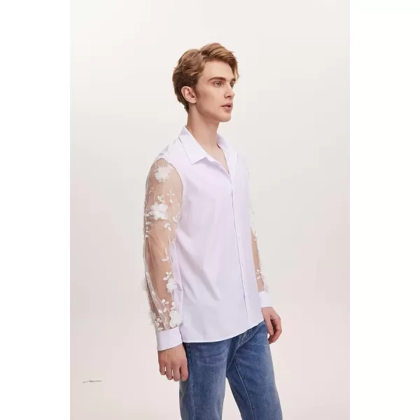 WDIRARA Men's Floral Mesh Appliques Sheer Long Sleeve Collared Button Up Shirt