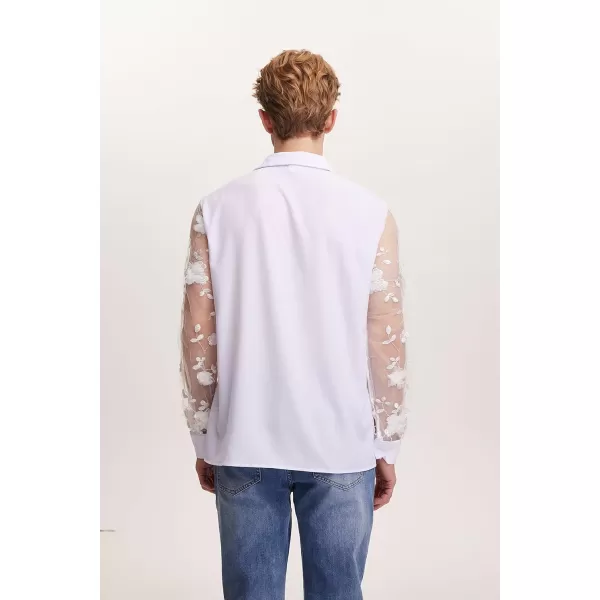 WDIRARA Men's Floral Mesh Appliques Sheer Long Sleeve Collared Button Up Shirt