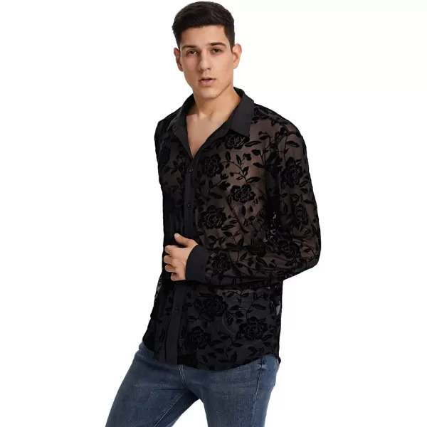 WDIRARA Men's Floral Sheer Mesh See Through Button Front Long Sleeve Collar Party Club Tops Shirt