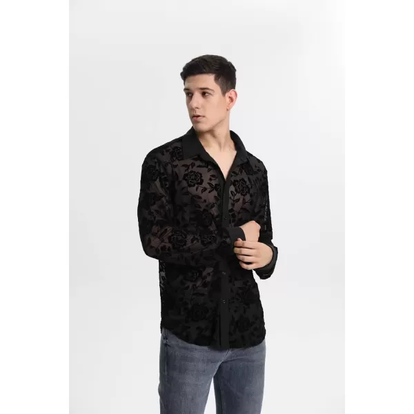 WDIRARA Men's Floral Sheer Mesh See Through Button Front Long Sleeve Collar Party Club Tops Shirt