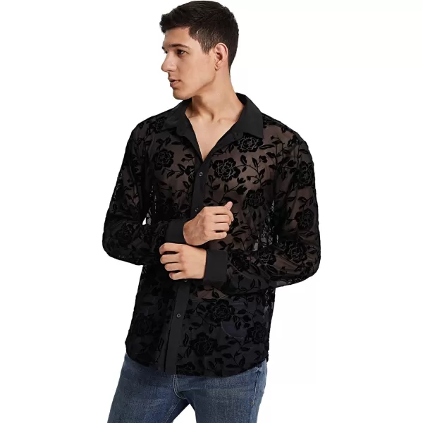 WDIRARA Men's Floral Sheer Mesh See Through Button Front Long Sleeve Collar Party Club Tops Shirt