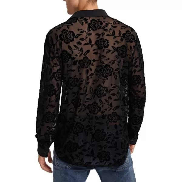 WDIRARA Men's Floral Sheer Mesh See Through Button Front Long Sleeve Collar Party Club Tops Shirt