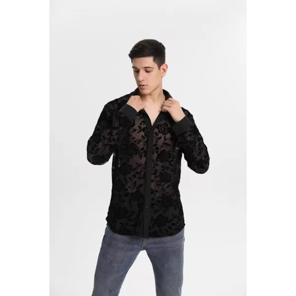 WDIRARA Men's Floral Sheer Mesh See Through Button Front Long Sleeve Collar Party Club Tops Shirt