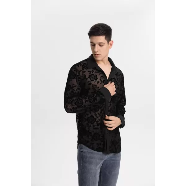 WDIRARA Men's Floral Sheer Mesh See Through Button Front Long Sleeve Collar Party Club Tops Shirt
