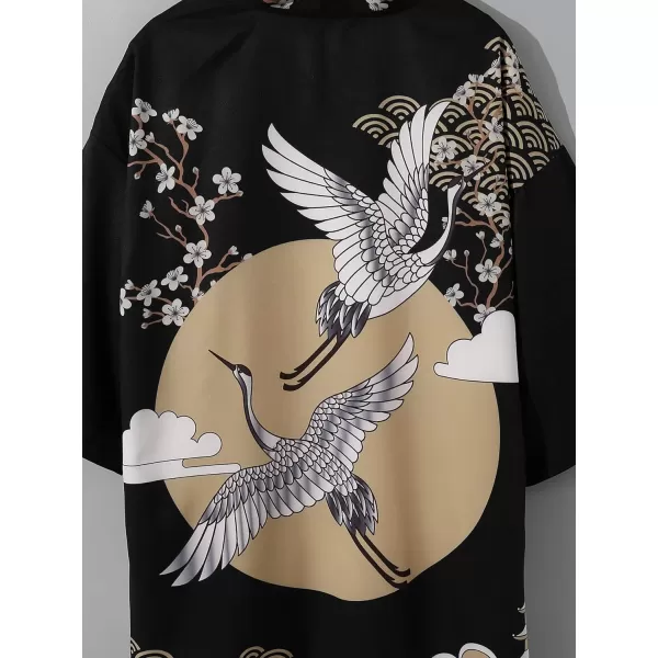 WDIRARA Men's Floral and Crane Print Japanese Style Kimono Tee