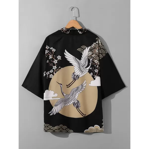 WDIRARA Men's Floral and Crane Print Japanese Style Kimono Tee