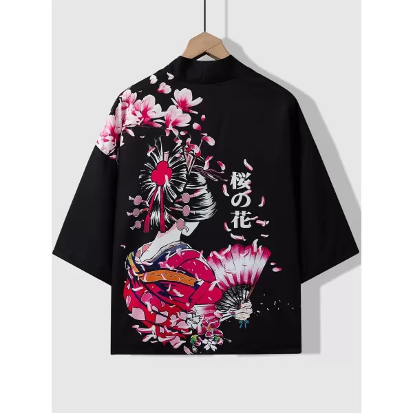 WDIRARA Men's Floral and Crane Print Japanese Style Kimono Tee