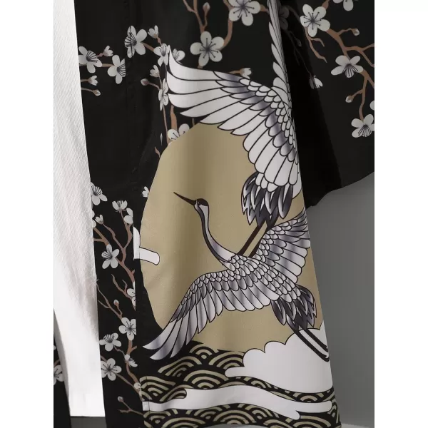 WDIRARA Men's Floral and Crane Print Japanese Style Kimono Tee