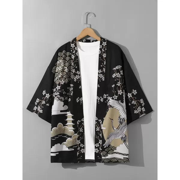 WDIRARA Men's Floral and Crane Print Japanese Style Kimono Tee