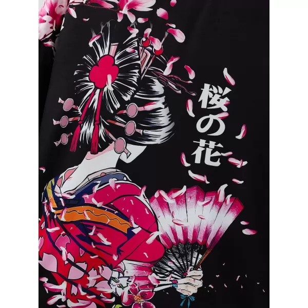 WDIRARA Men's Floral and Crane Print Japanese Style Kimono Tee
