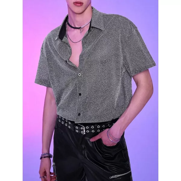 WDIRARA Men's Glitter Tank Top Button Up Drop Shoulder Short Sleeve Collar Party Shirt