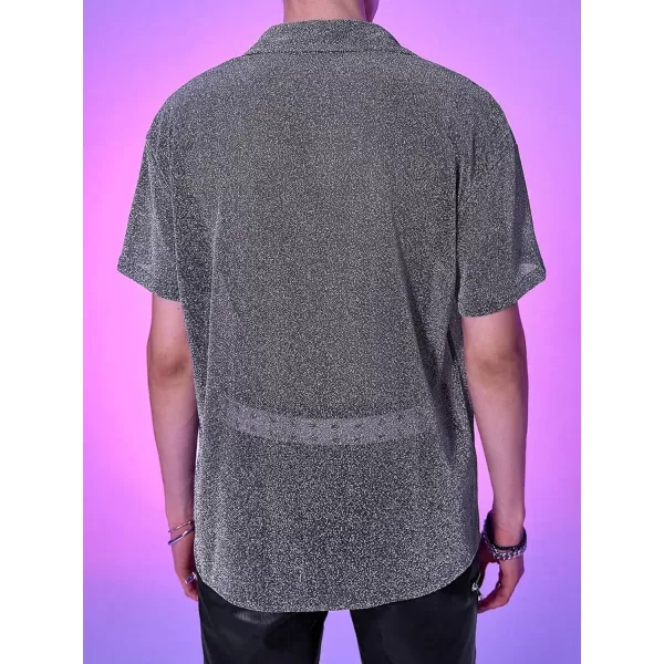 WDIRARA Men's Glitter Tank Top Button Up Drop Shoulder Short Sleeve Collar Party Shirt