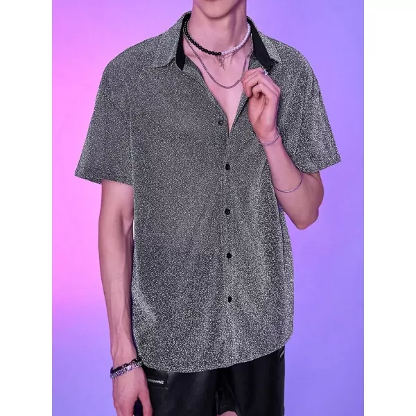 WDIRARA Men's Glitter Tank Top Button Up Drop Shoulder Short Sleeve Collar Party Shirt