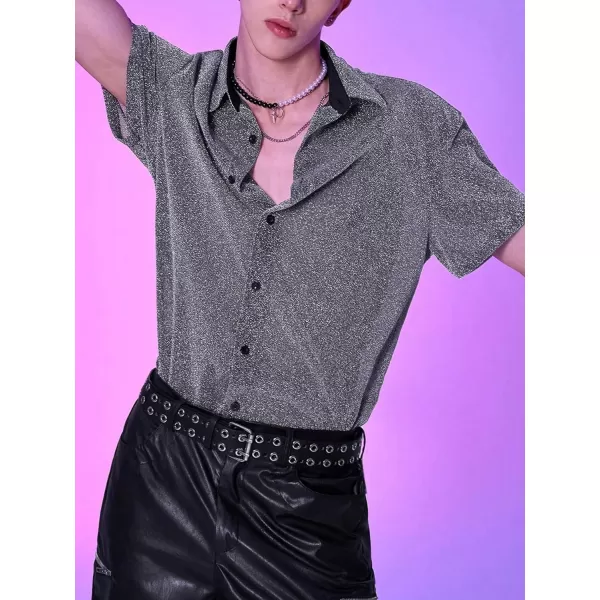 WDIRARA Men's Glitter Tank Top Button Up Drop Shoulder Short Sleeve Collar Party Shirt