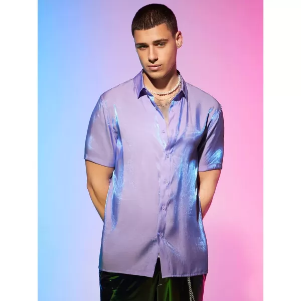 WDIRARA Men's Graphic Print Short Sleeve Tops Stand Collar Button Front Shirt