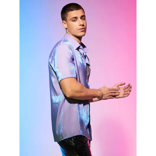 WDIRARA Men's Graphic Print Short Sleeve Tops Stand Collar Button Front Shirt