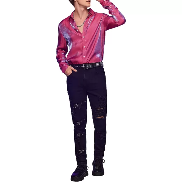 WDIRARA Men's Holographic Button Front Long Sleeve Party Club Shirt Collar Tops