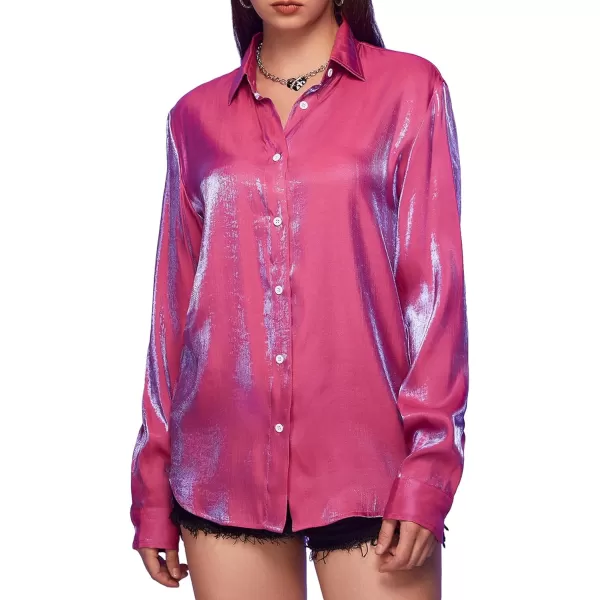 WDIRARA Men's Holographic Button Front Long Sleeve Party Club Shirt Collar Tops