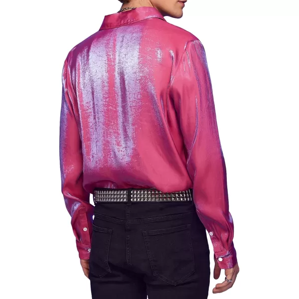WDIRARA Men's Holographic Button Front Long Sleeve Party Club Shirt Collar Tops