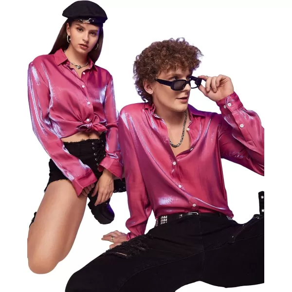 WDIRARA Men's Holographic Button Front Long Sleeve Party Club Shirt Collar Tops