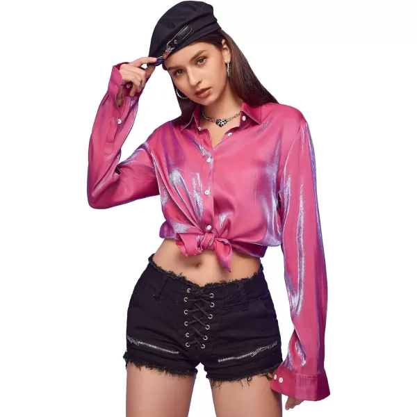 WDIRARA Men's Holographic Button Front Long Sleeve Party Club Shirt Collar Tops
