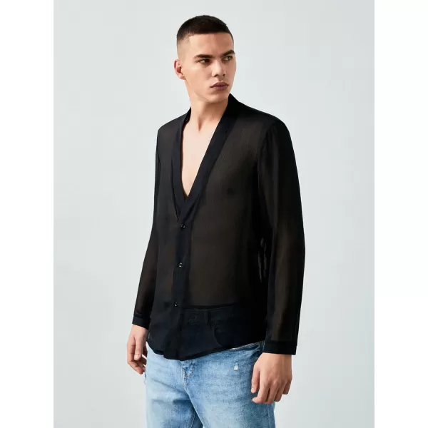 WDIRARA Men's Mesh Sheer V Neck Long Sleeve Button Up Shirts Paty Tee Top